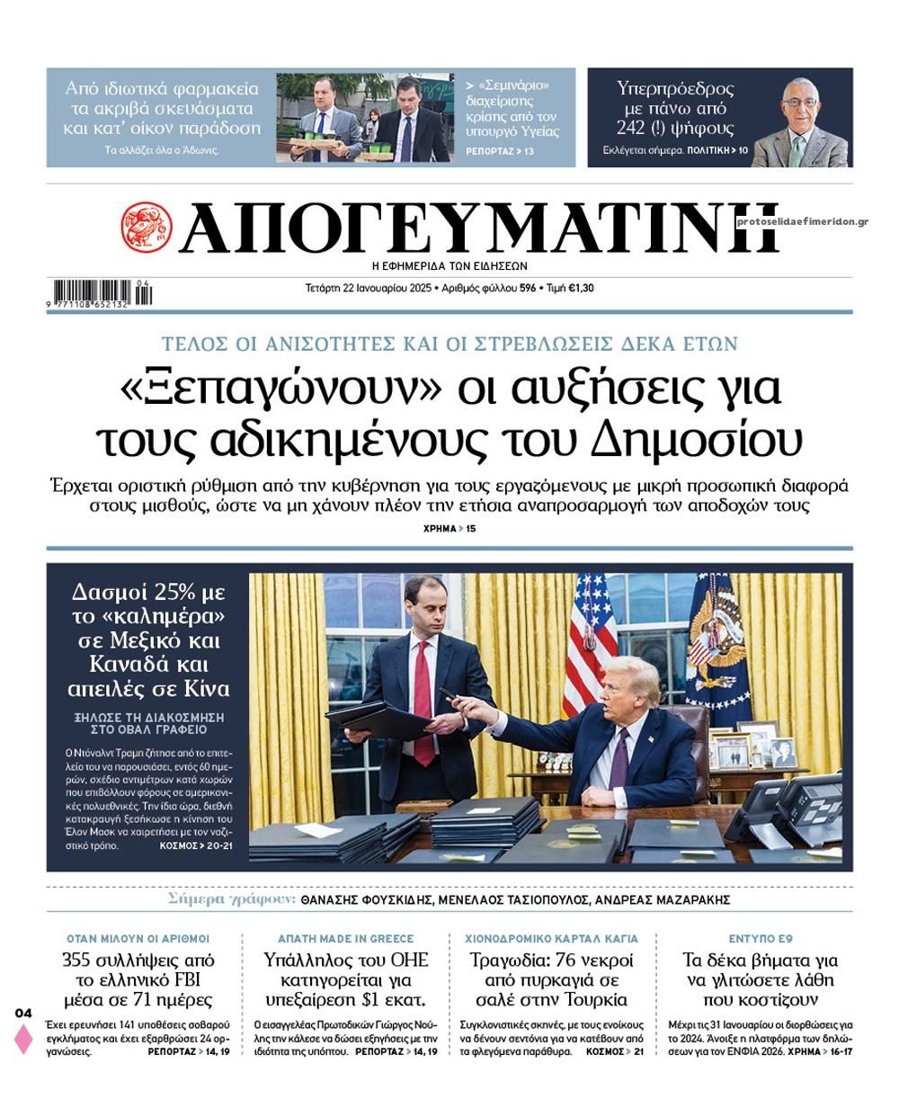 Πρωτοσέλιδο εφημερίδας Απογευματινή