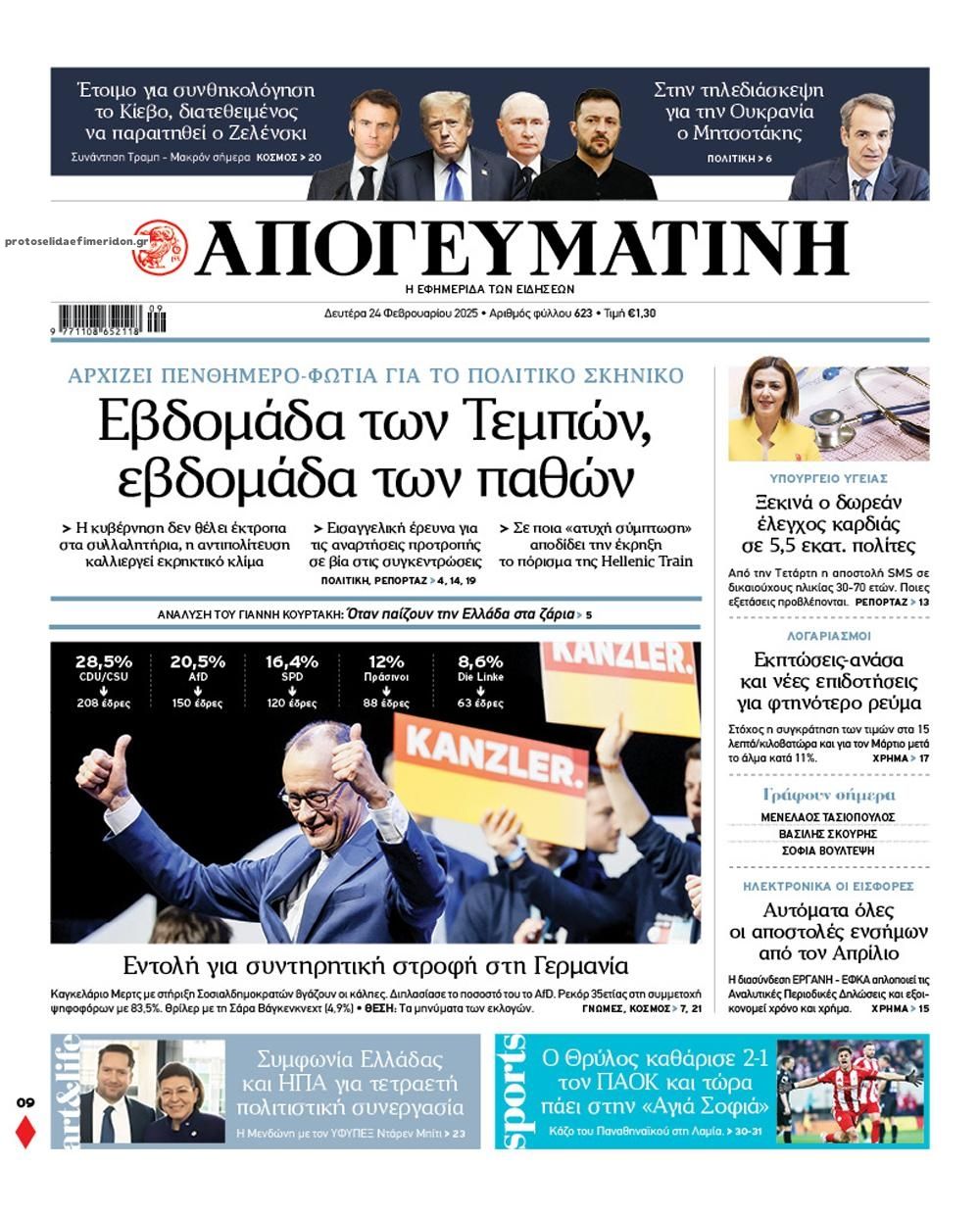 Πρωτοσέλιδο εφημερίδας Απογευματινή