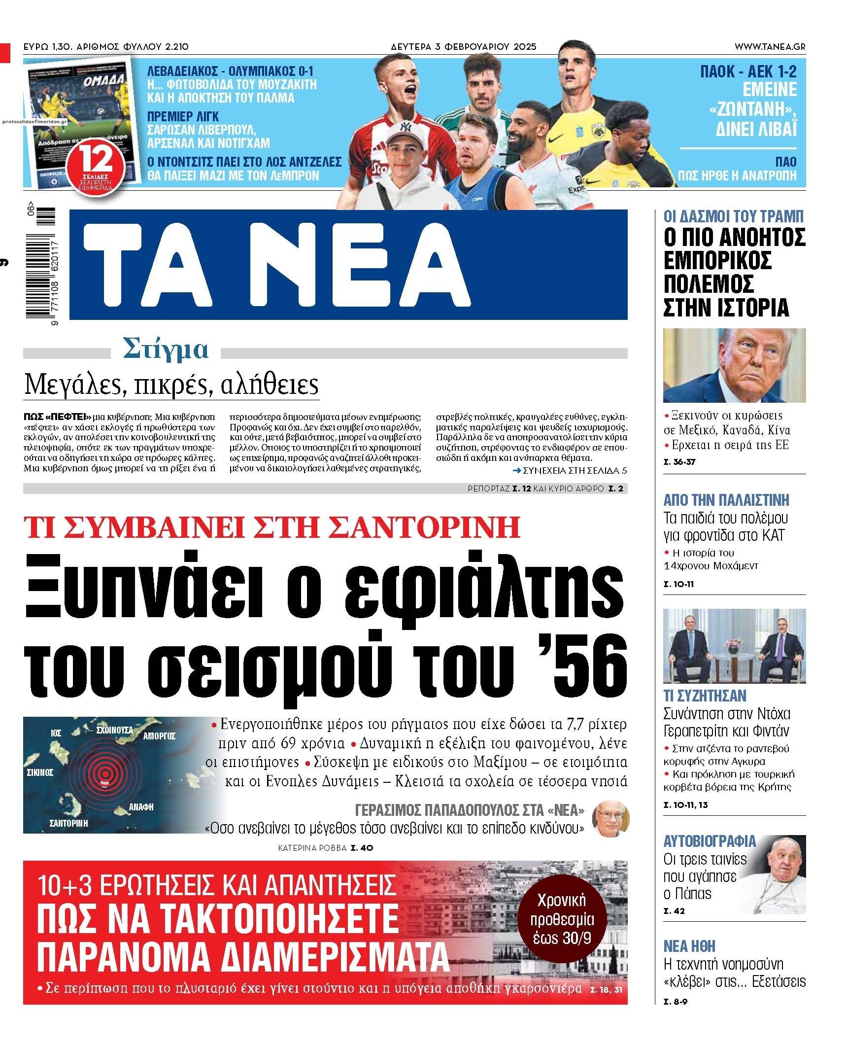 Πρωτοσέλιδο εφημερίδας Τα Νέα