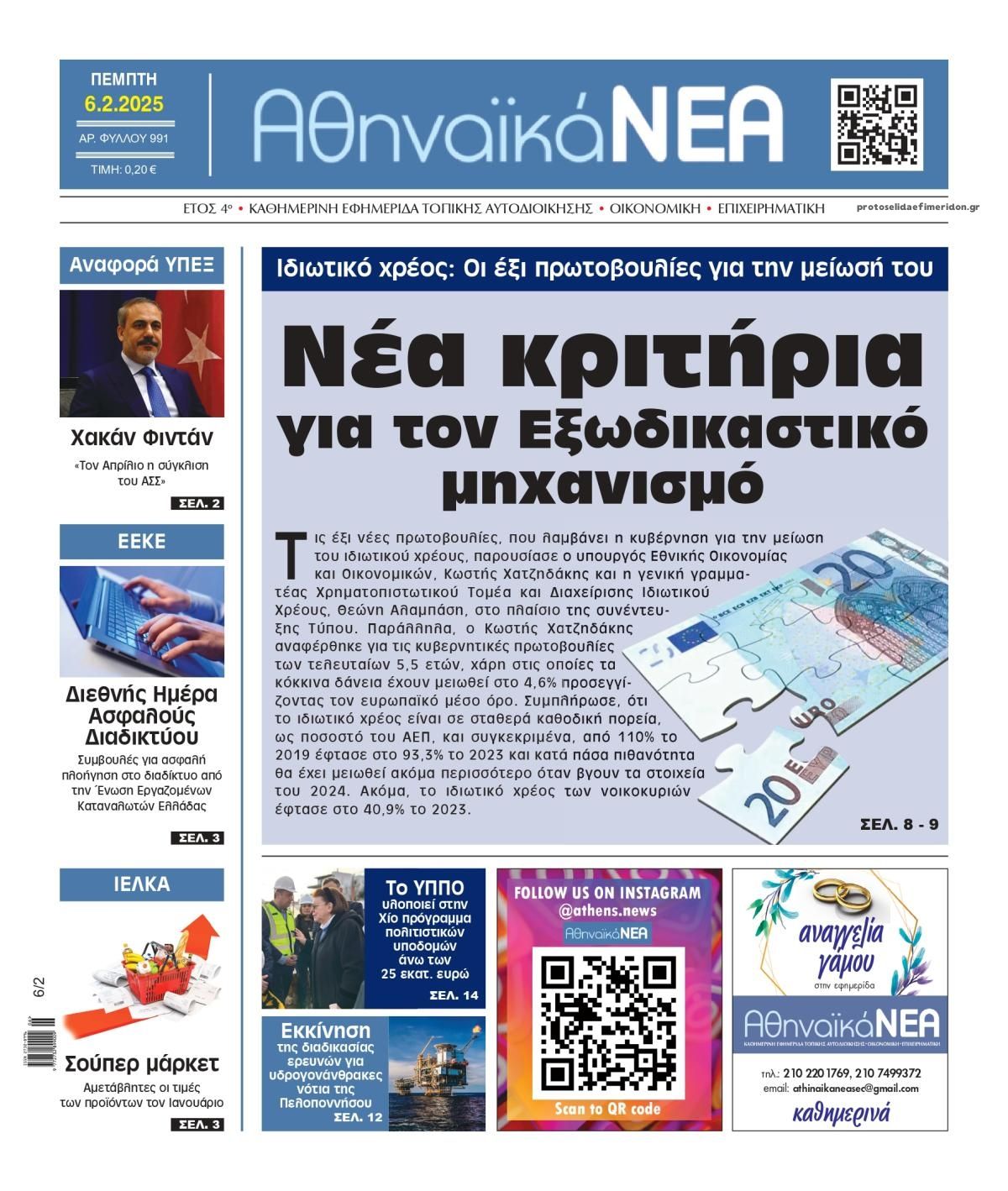Πρωτοσέλιδο εφημερίδας Αθηναϊκά Νέα