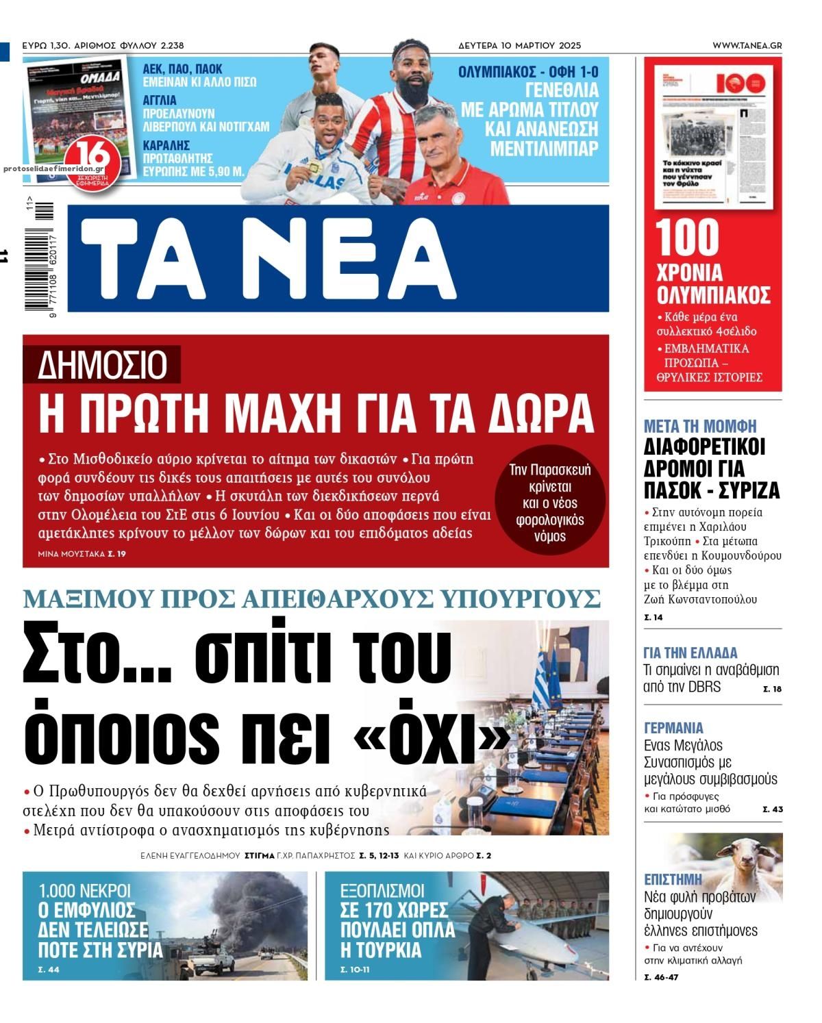 Πρωτοσέλιδο εφημερίδας Τα Νέα