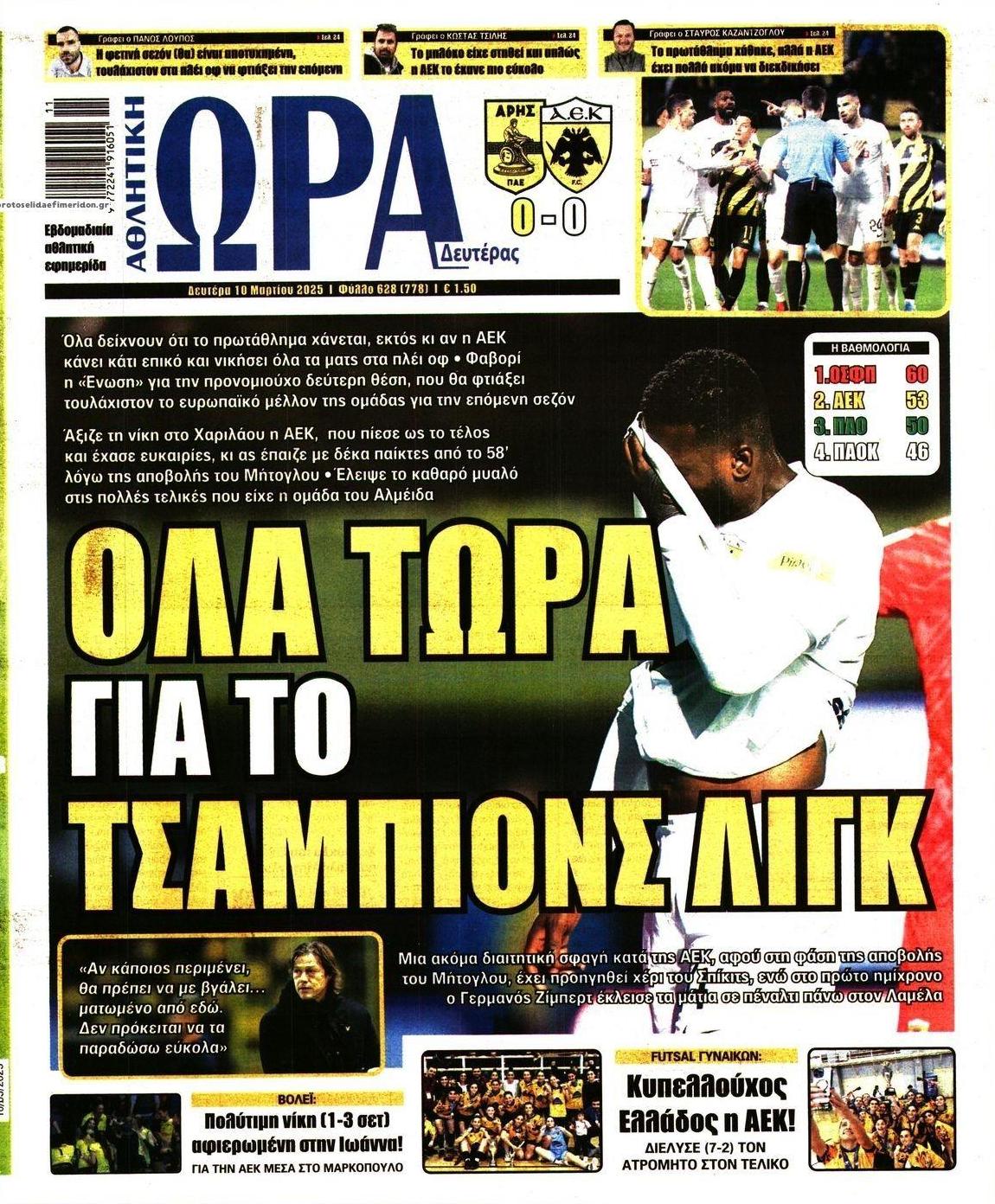 Πρωτοσέλιδο εφημερίδας Η ώρα των Σπορ