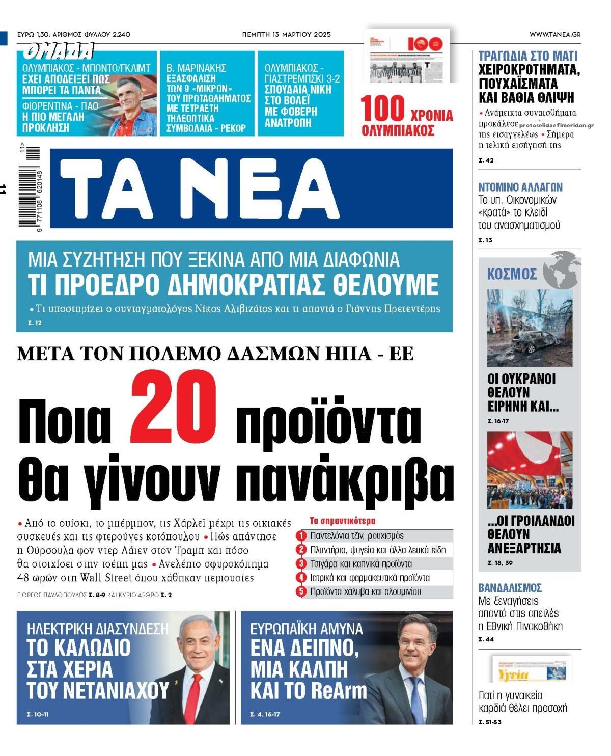 Πρωτοσέλιδο εφημερίδας Τα Νέα