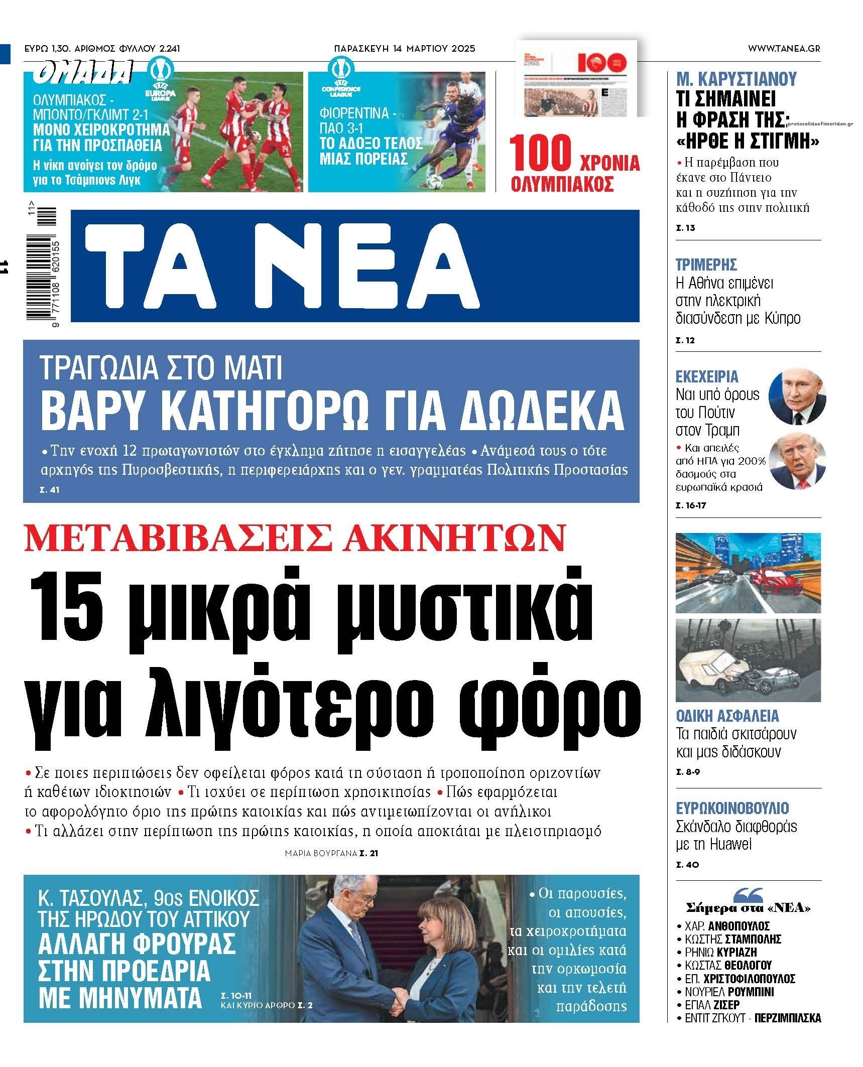 Πρωτοσέλιδο εφημερίδας Τα Νέα