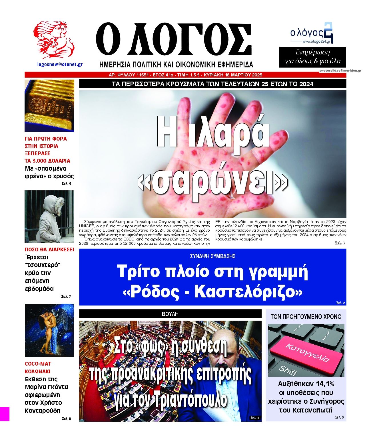 Πρωτοσέλιδο εφημερίδας Λόγος