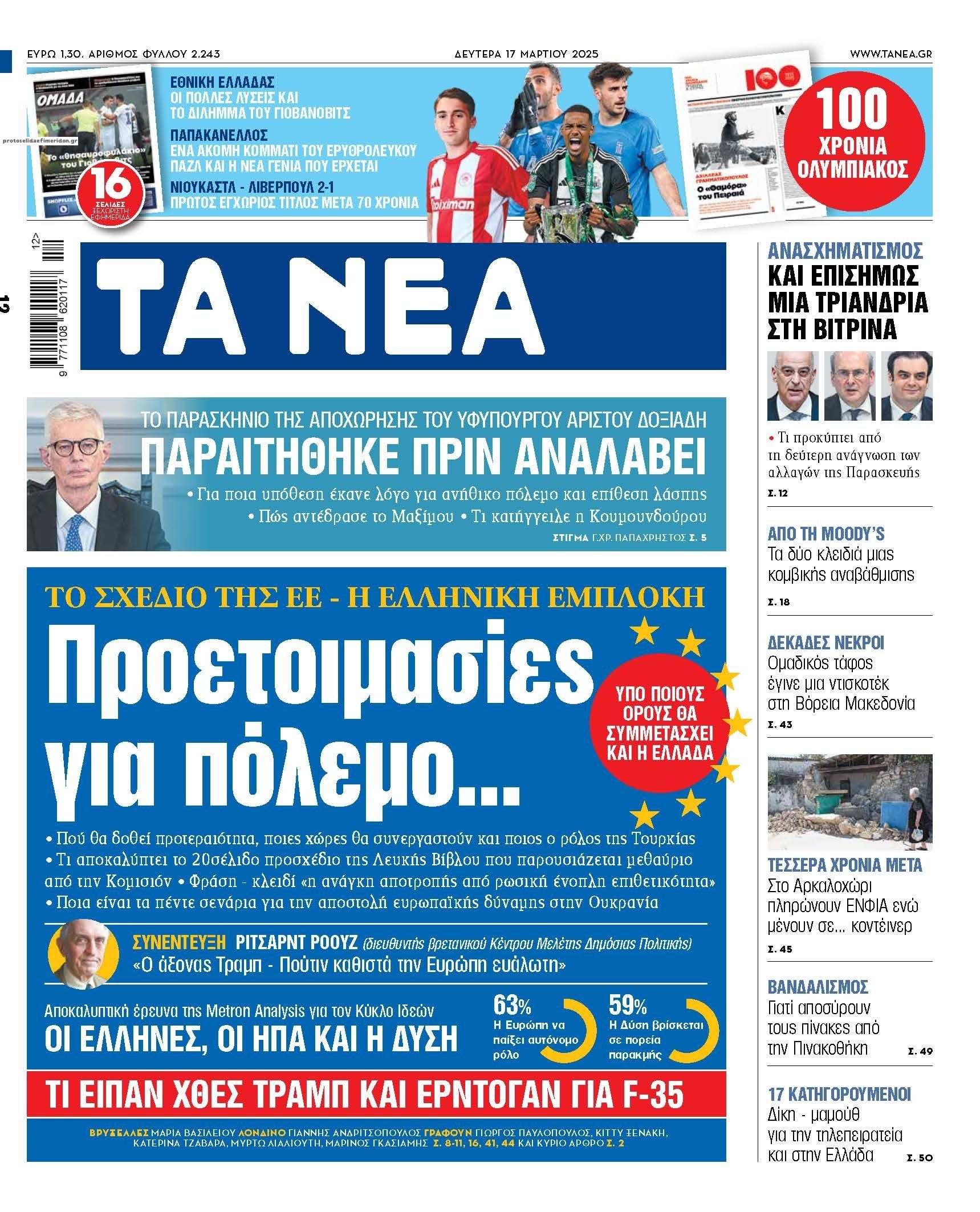 Πρωτοσέλιδο εφημερίδας Τα Νέα