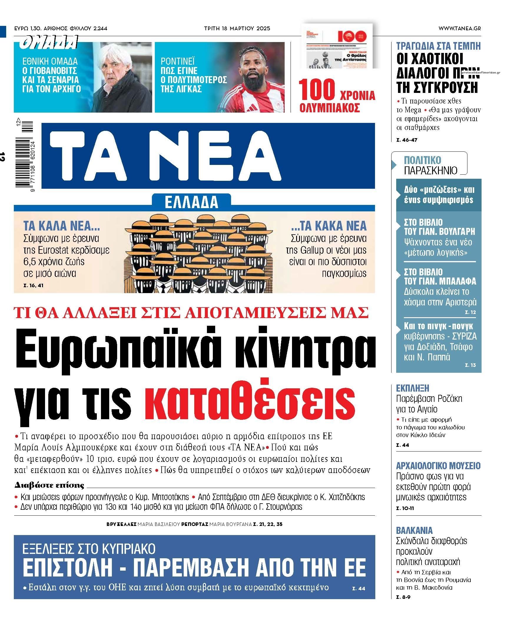 Πρωτοσέλιδο εφημερίδας Τα Νέα