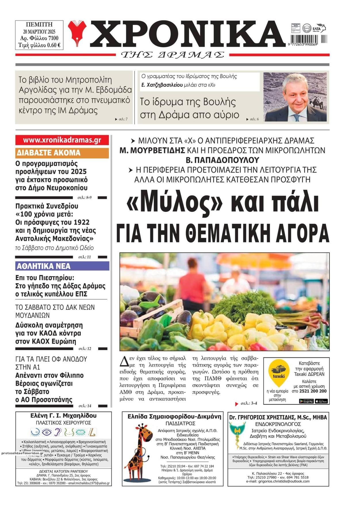 Πρωτοσέλιδο εφημερίδας Χρονικά Δράμας