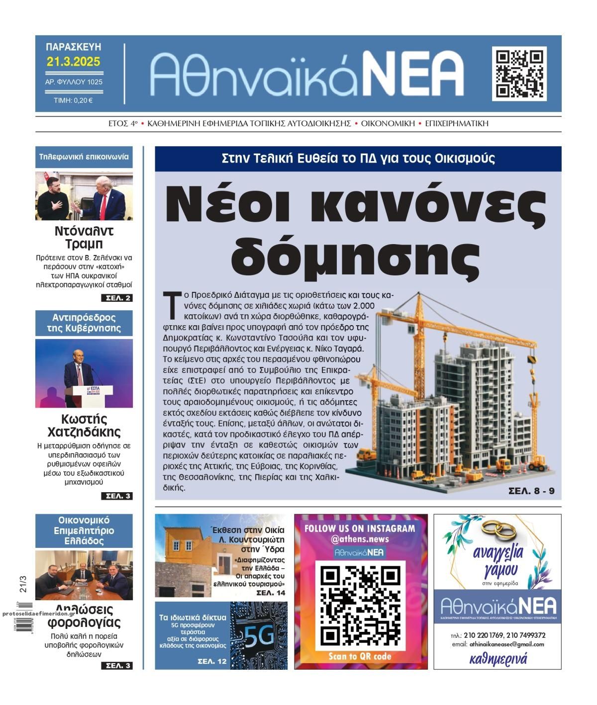 Πρωτοσέλιδο εφημερίδας Αθηναϊκά Νέα