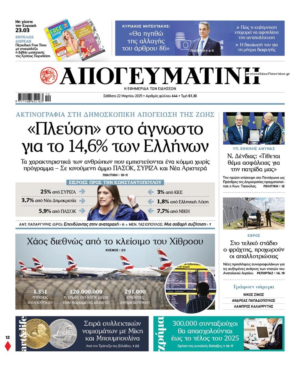 Πρωτοσέλιδο εφημερίδας Απογευματινή