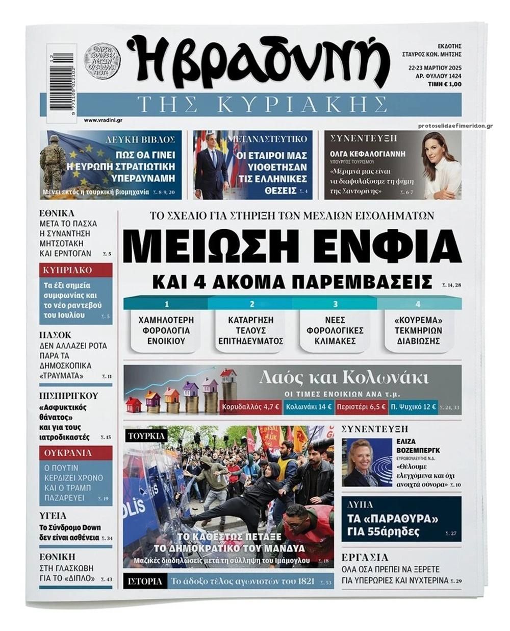Πρωτοσέλιδο εφημερίδας Βραδυνή Κ.