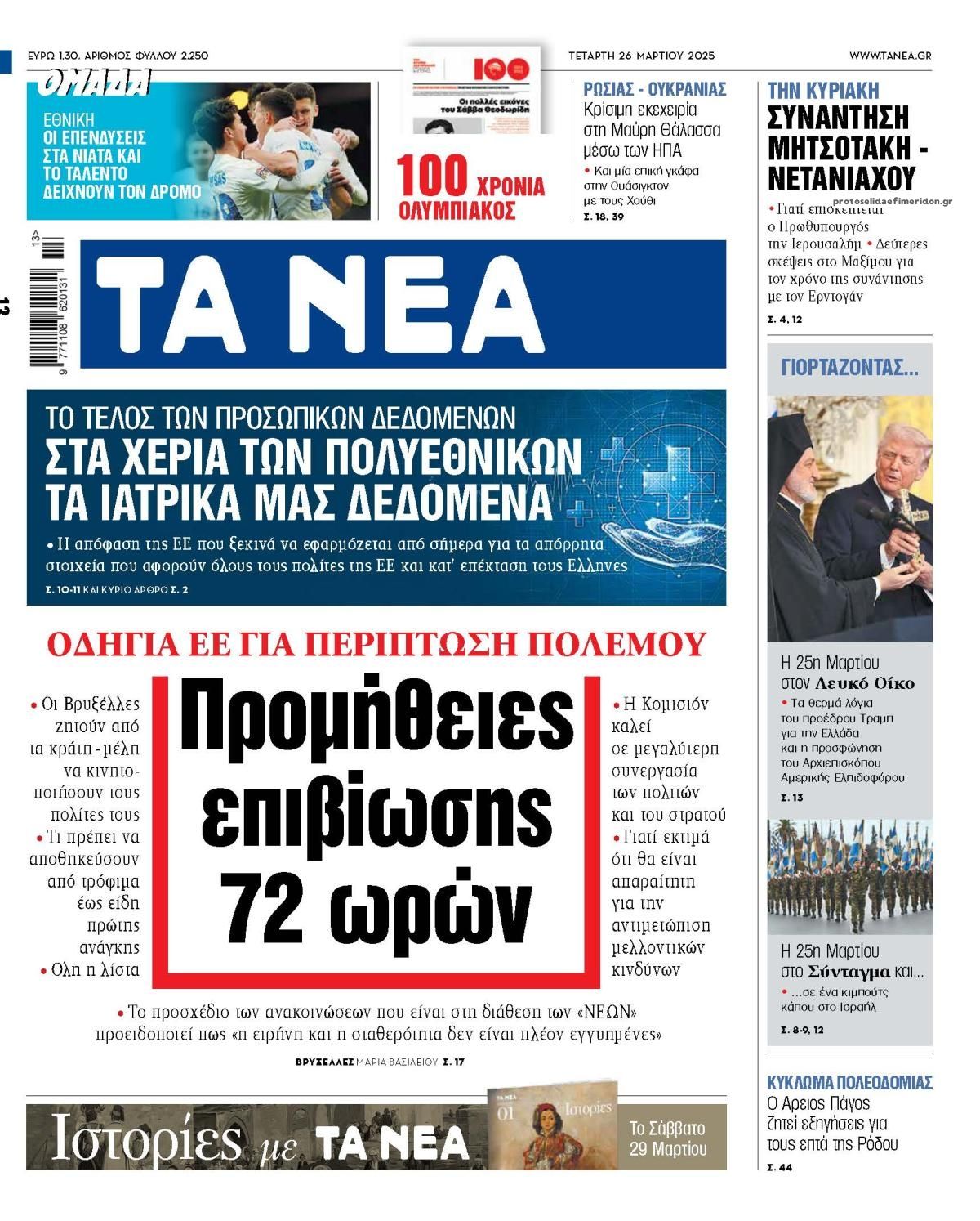 Πρωτοσέλιδο εφημερίδας Τα Νέα