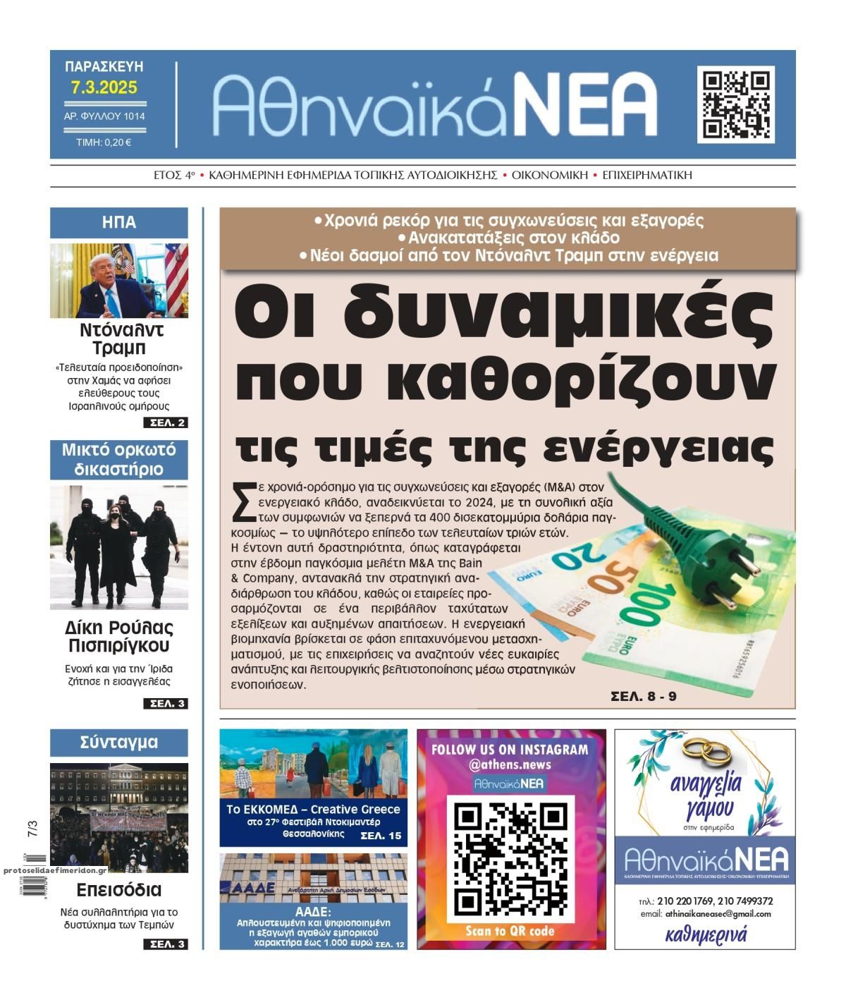 Πρωτοσέλιδο εφημερίδας Αθηναϊκά Νέα