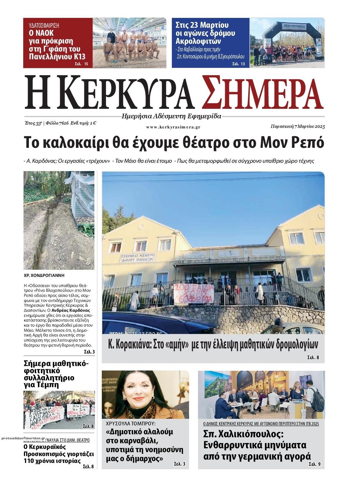 Πρωτοσέλιδο εφημερίδας Η Κέρκυρα Σήμερα