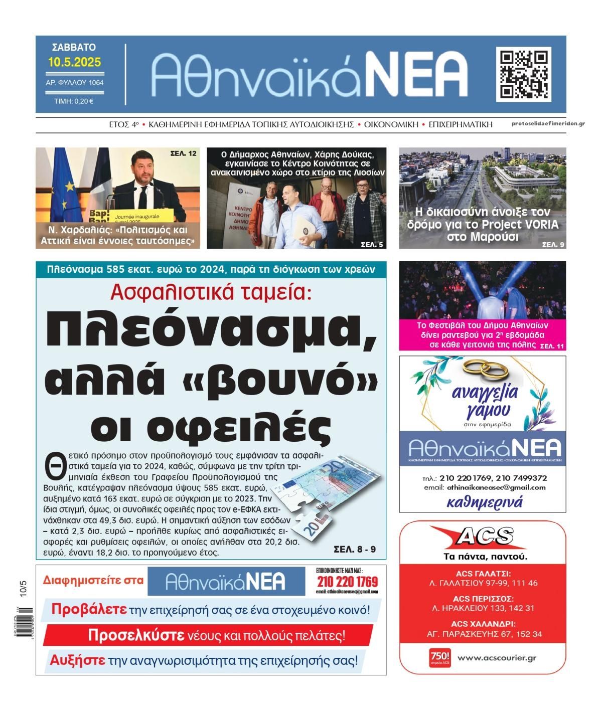 Πρωτοσέλιδο εφημερίδας Αθηναϊκά Νέα