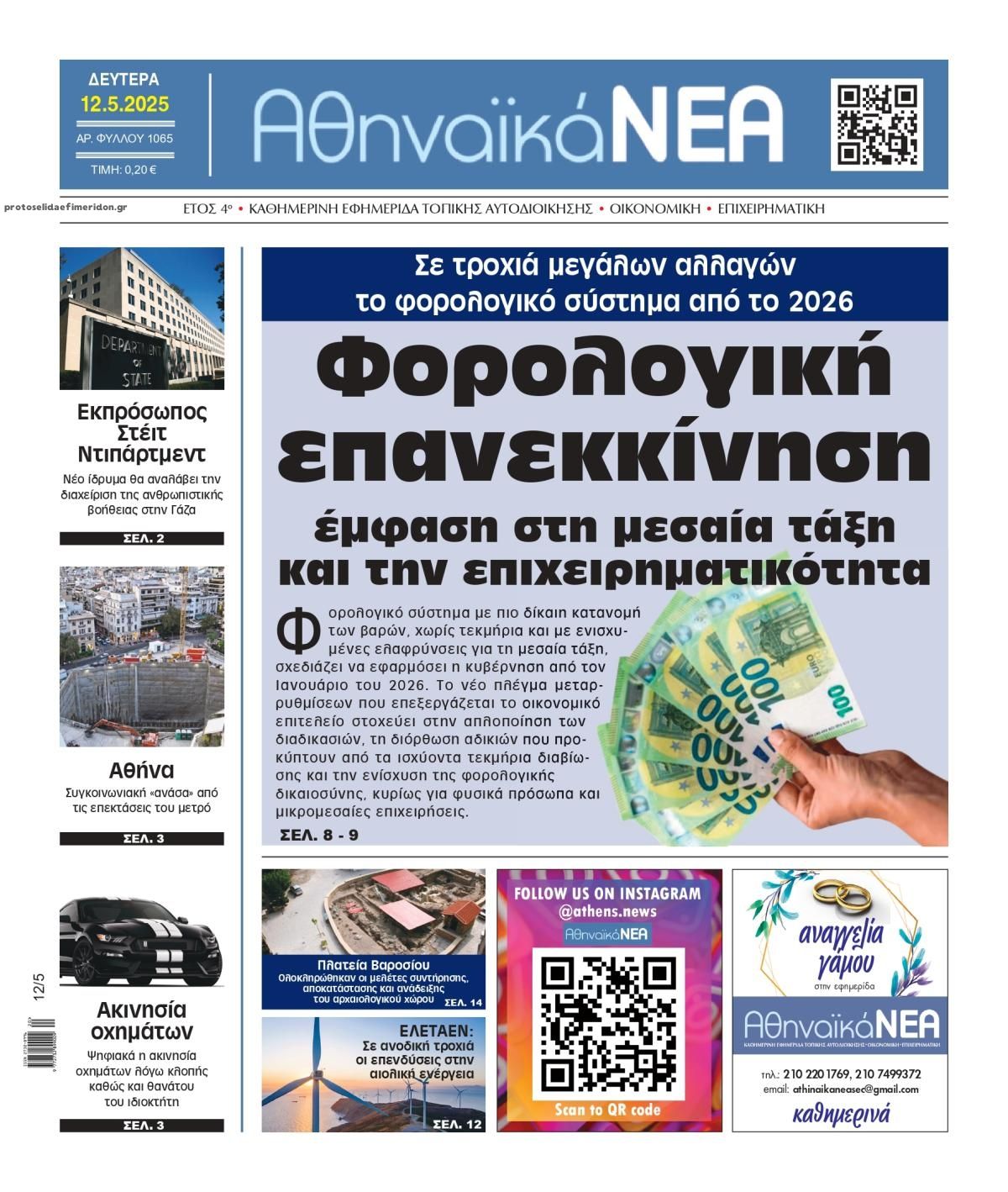 Πρωτοσέλιδο εφημερίδας Αθηναϊκά Νέα