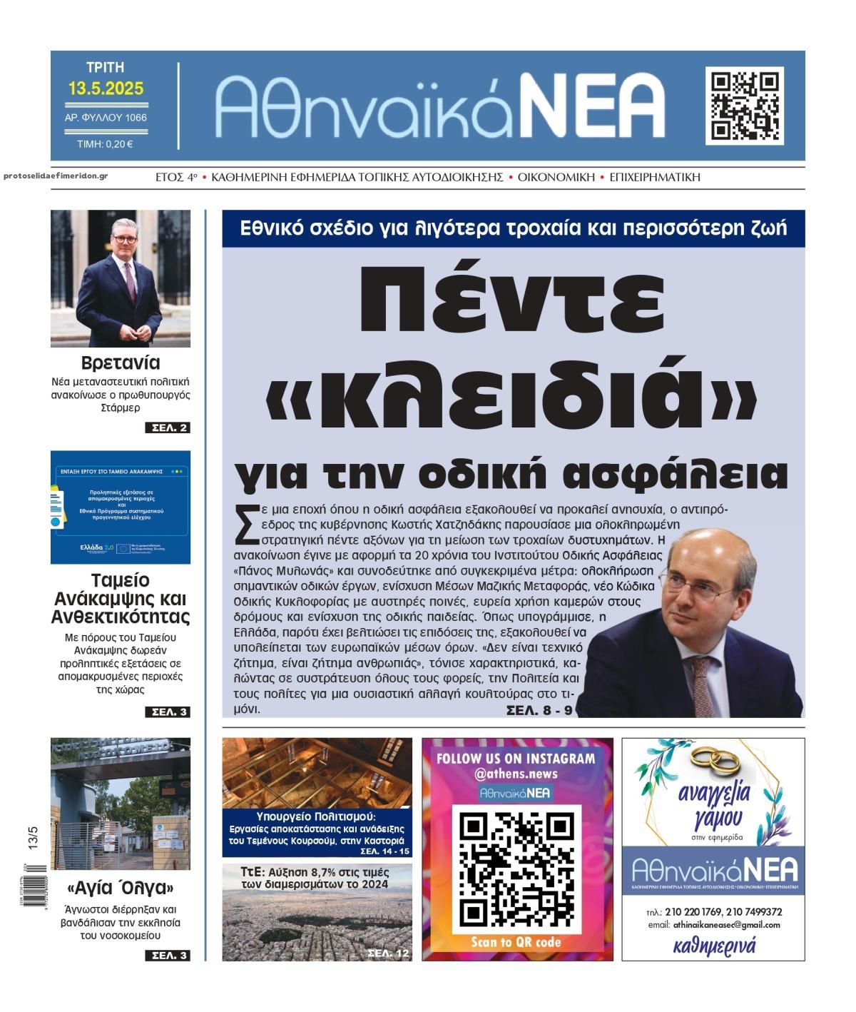 Πρωτοσέλιδο εφημερίδας Αθηναϊκά Νέα