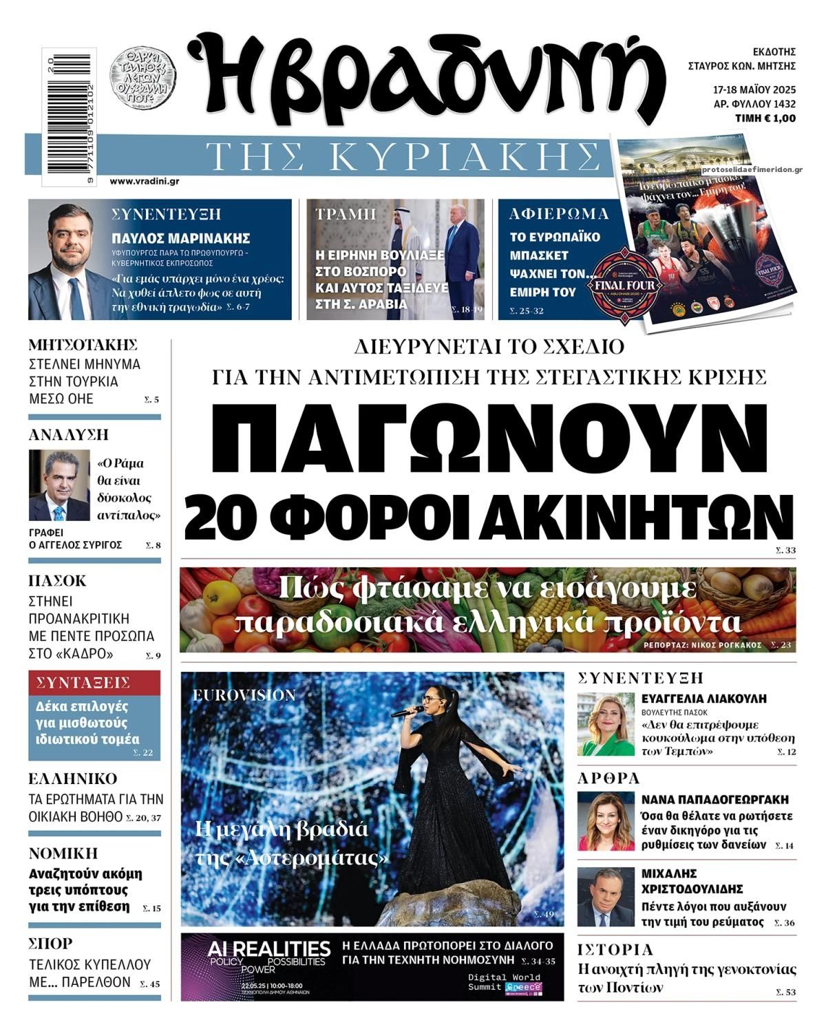 Πρωτοσέλιδο εφημερίδας Βραδυνή Κ.