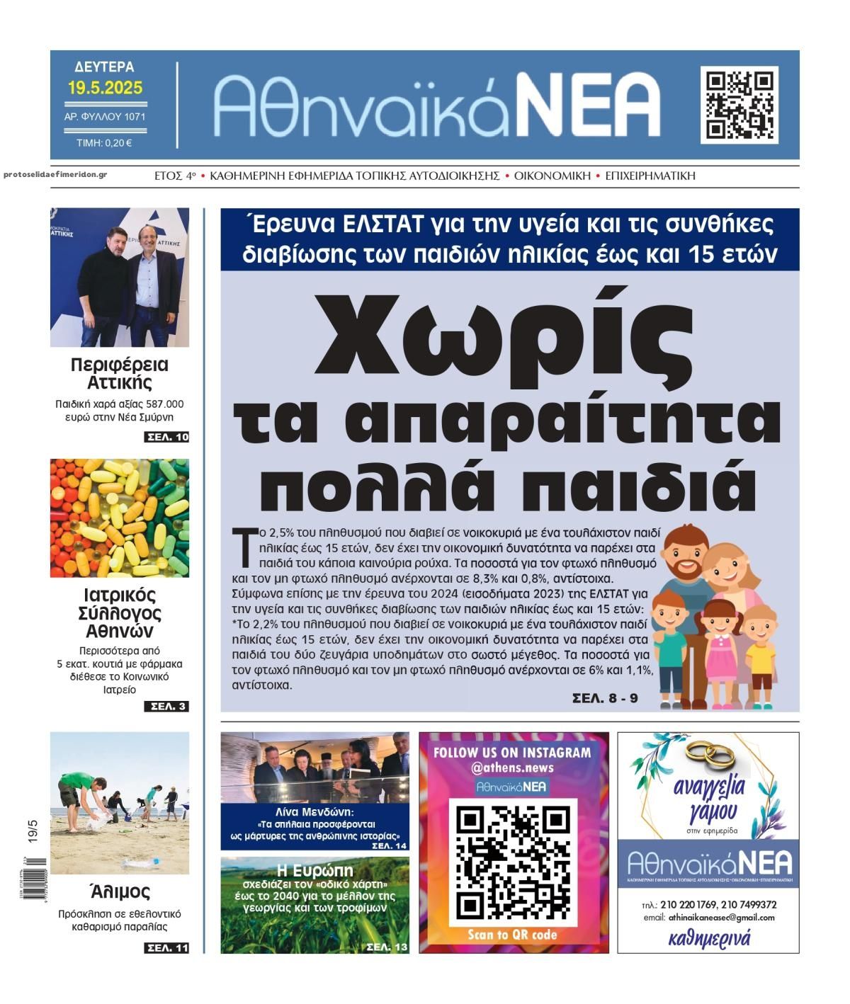 Πρωτοσέλιδο εφημερίδας Αθηναϊκά Νέα