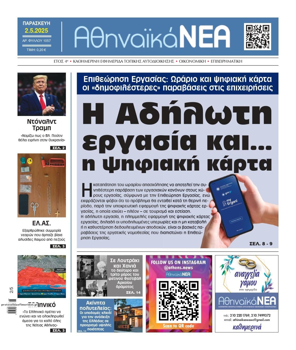 Πρωτοσέλιδο εφημερίδας Αθηναϊκά Νέα