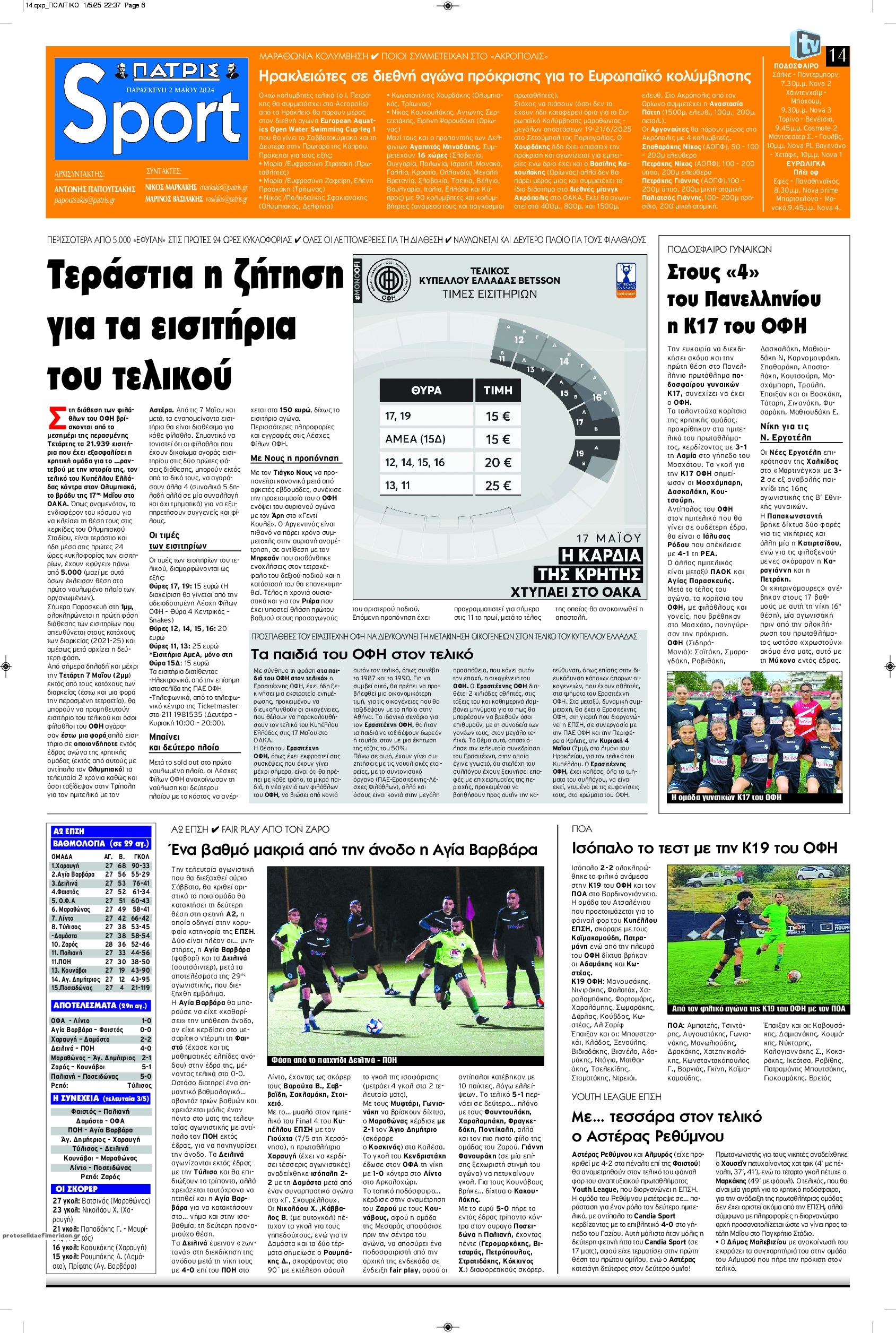 Πρωτοσέλιδο εφημερίδας Πατρίς Σπορ
