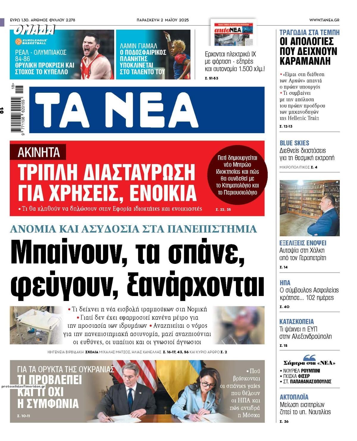 Πρωτοσέλιδο εφημερίδας Τα Νέα