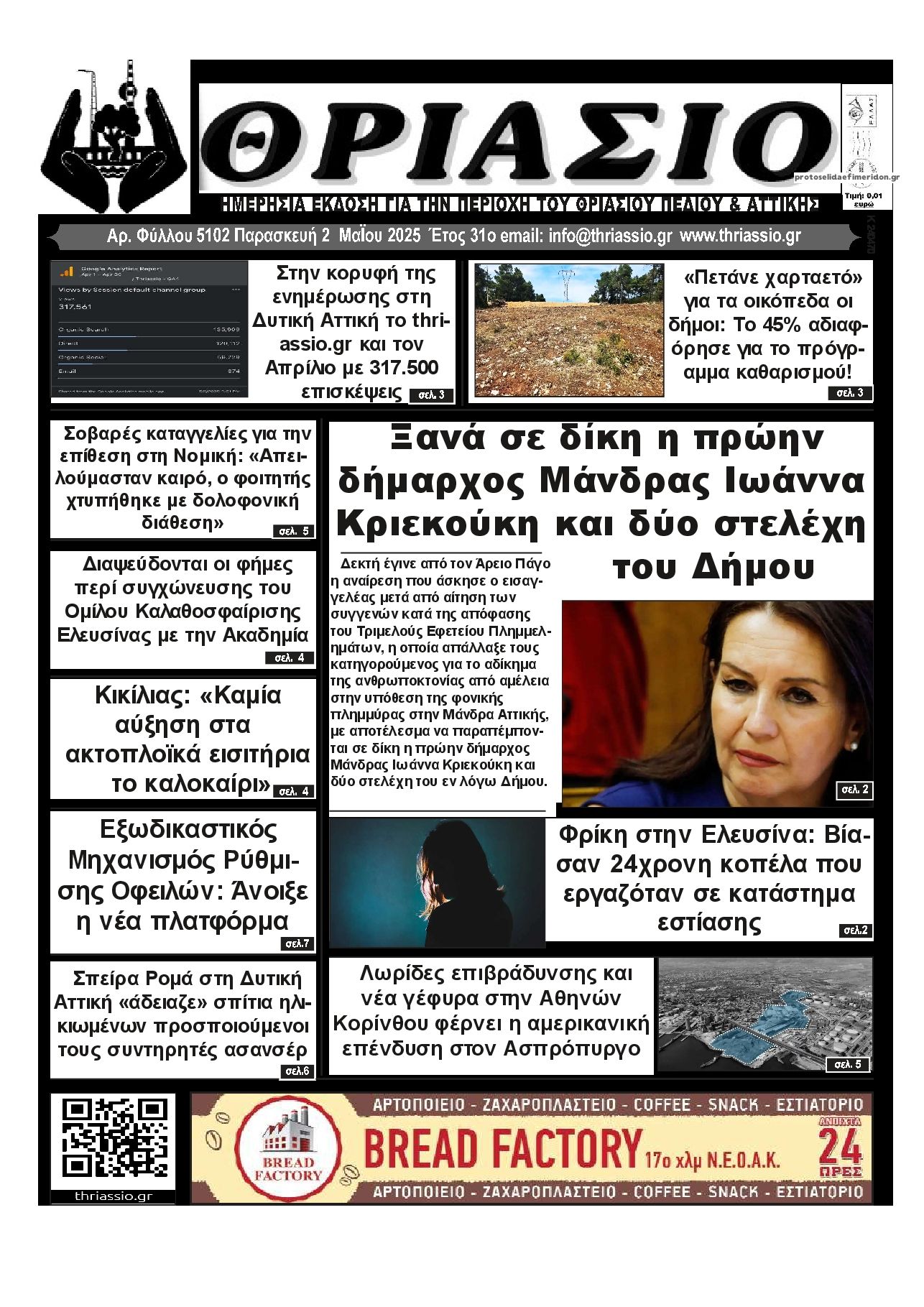 Πρωτοσέλιδο εφημερίδας Θριάσιο