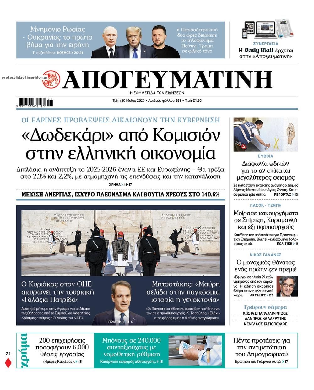 Πρωτοσέλιδο εφημερίδας Απογευματινή