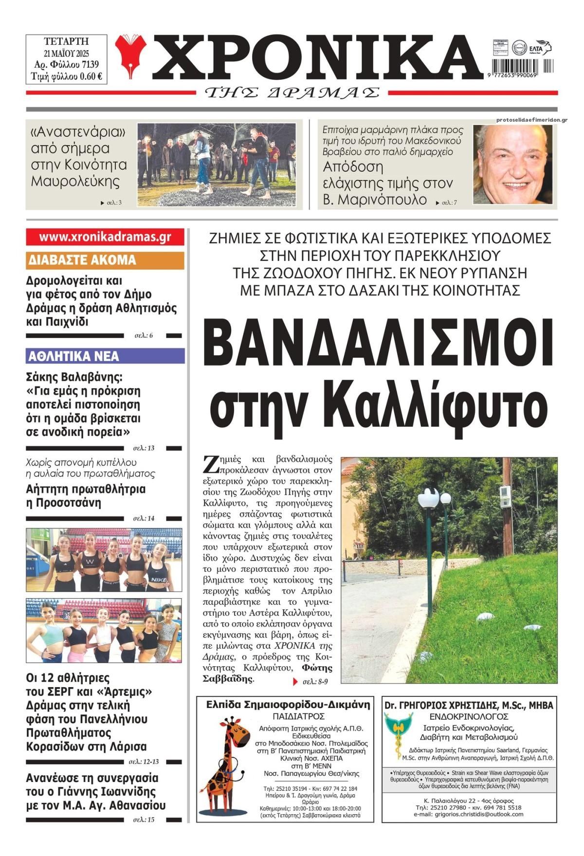 Πρωτοσέλιδο εφημερίδας Χρονικά Δράμας