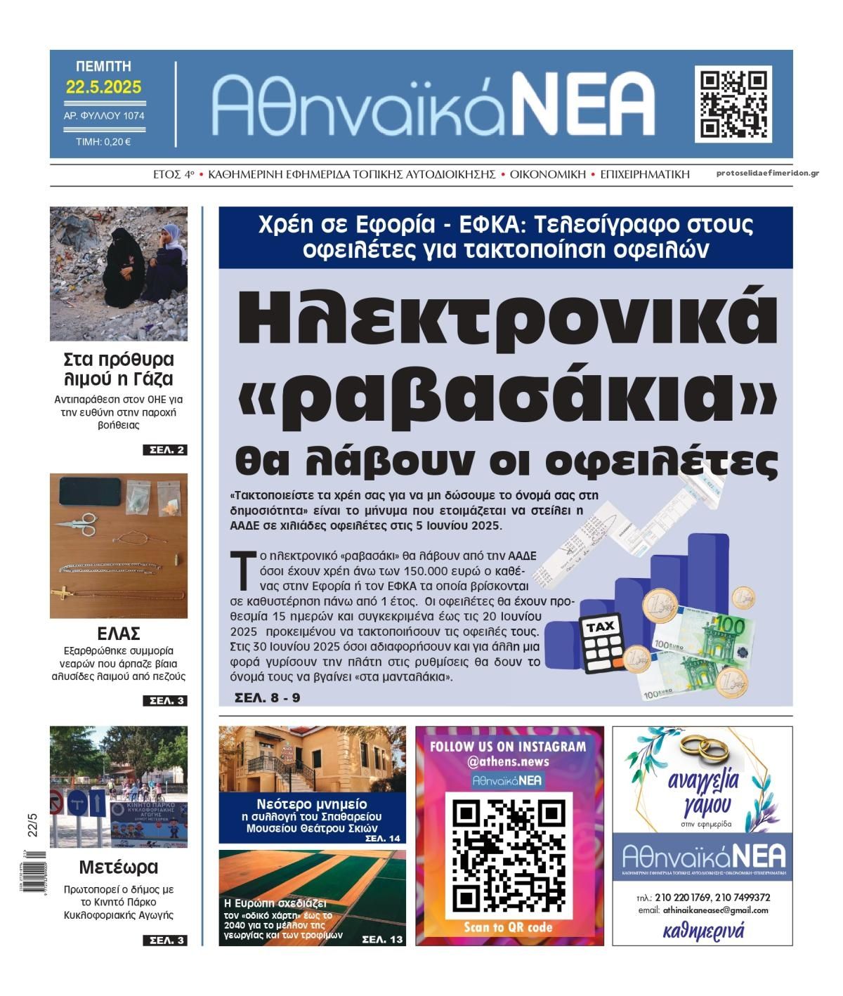 Πρωτοσέλιδο εφημερίδας Αθηναϊκά Νέα