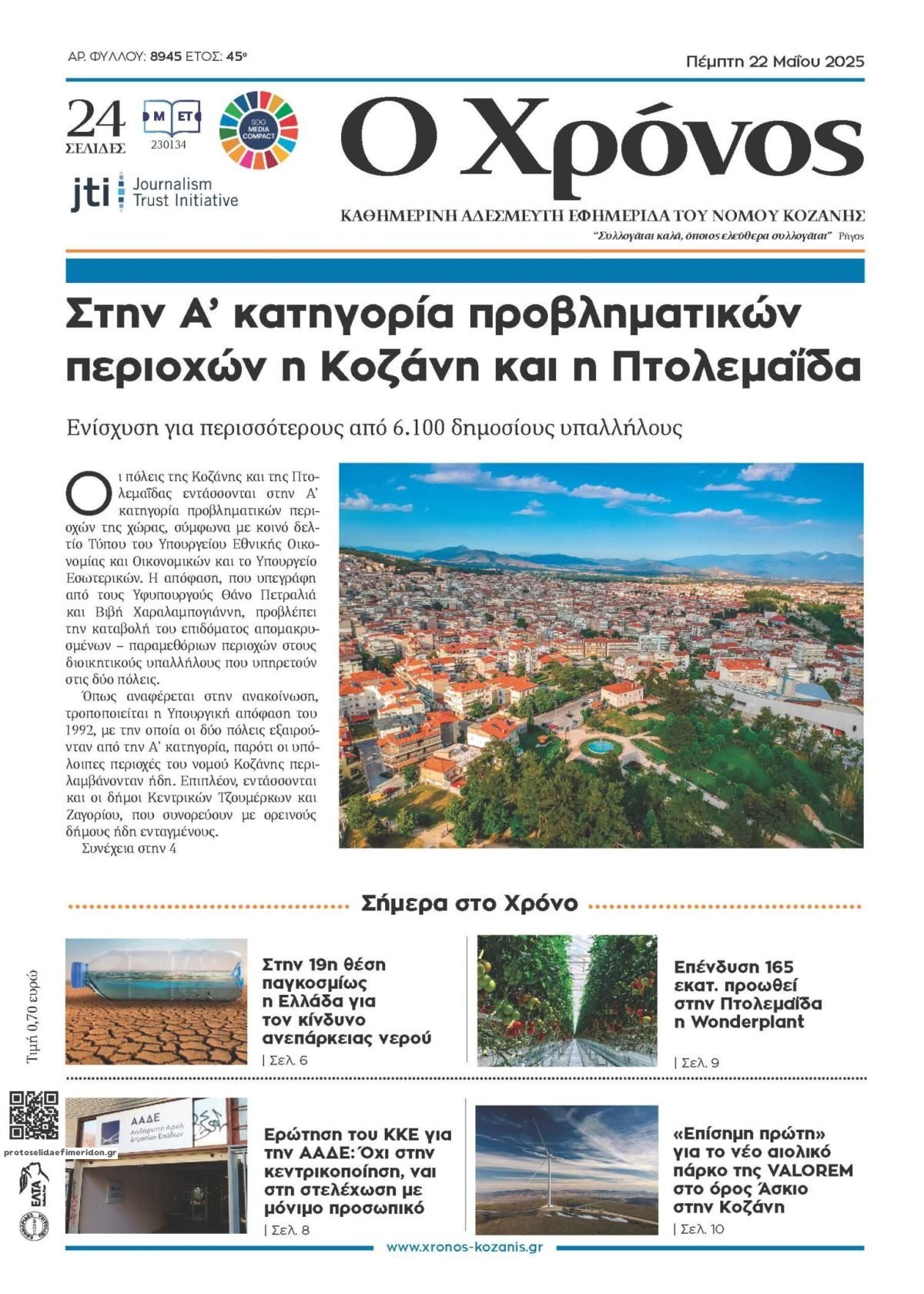 Πρωτοσέλιδο εφημερίδας Ο Χρόνος Κοζάνης