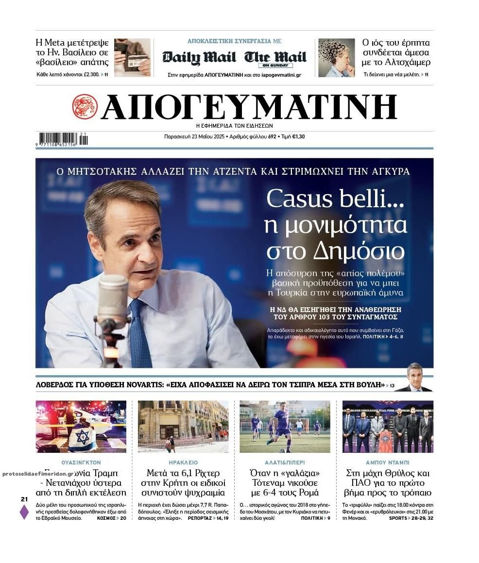 Πρωτοσέλιδο εφημερίδας Απογευματινή