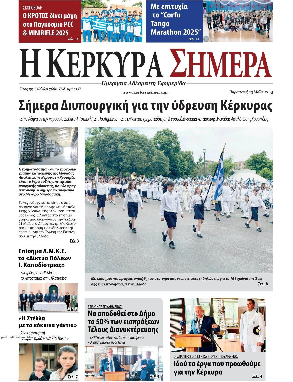 Πρωτοσέλιδο εφημερίδας Η Κέρκυρα Σήμερα