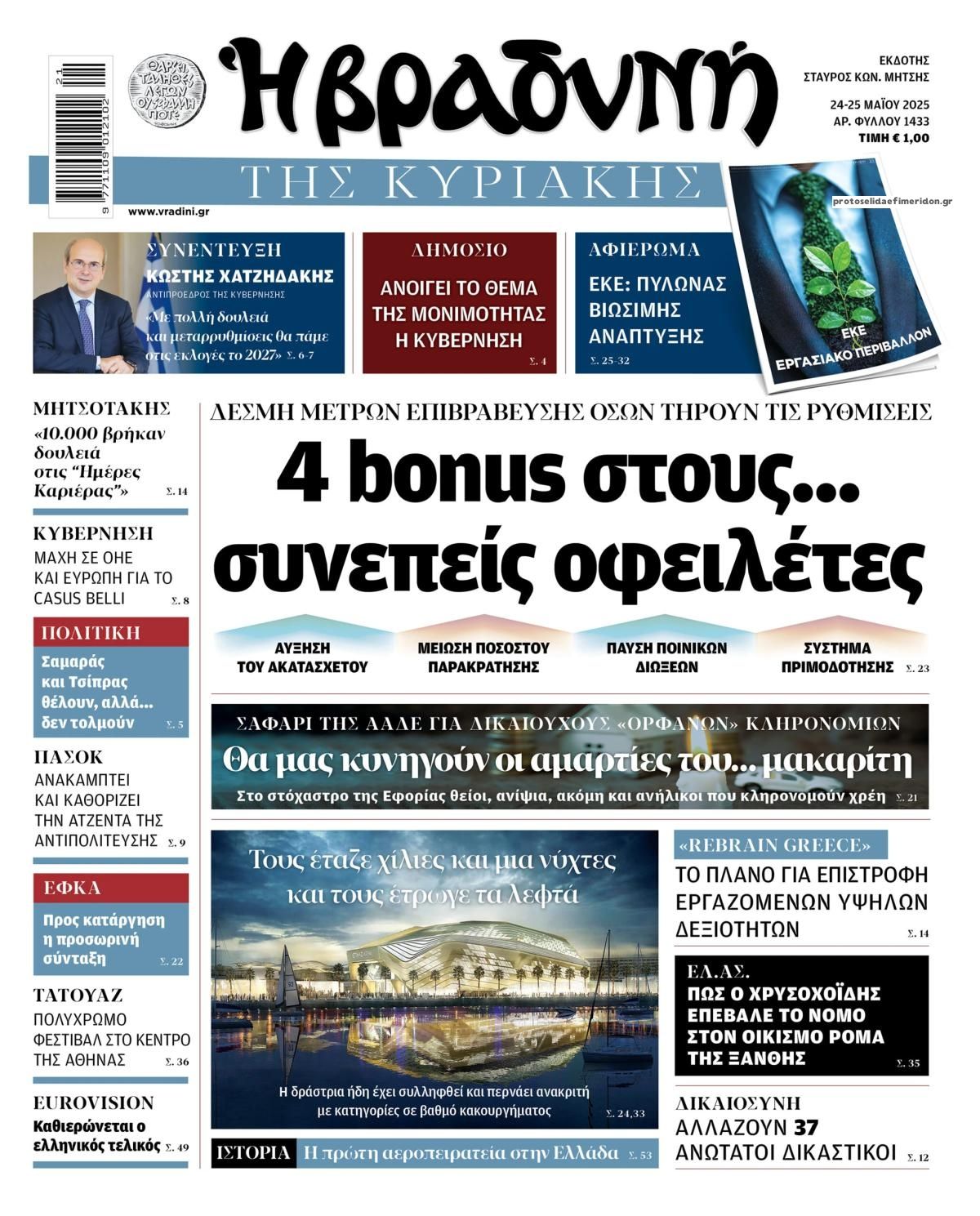 Πρωτοσέλιδο εφημερίδας Βραδυνή Κ.