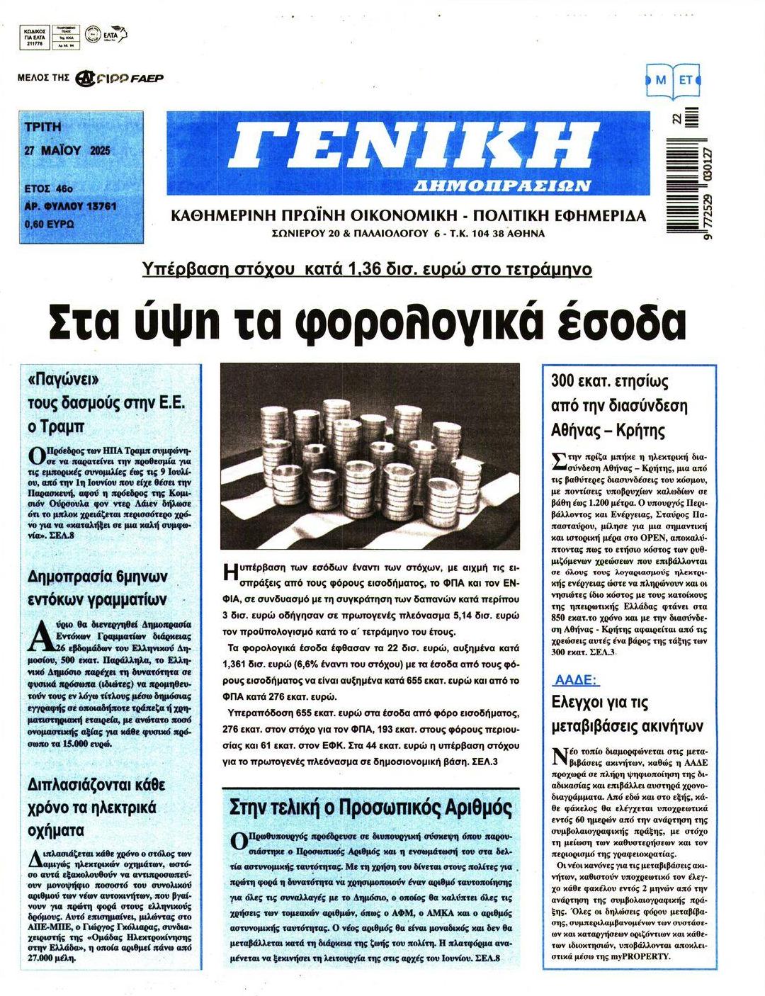 Πρωτοσέλιδο εφημερίδας Γενική Δημοπρασιών