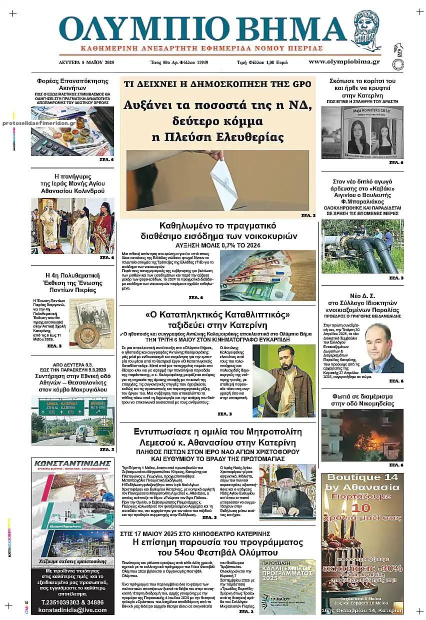 Πρωτοσέλιδο εφημερίδας Ολύμπιο Βήμα