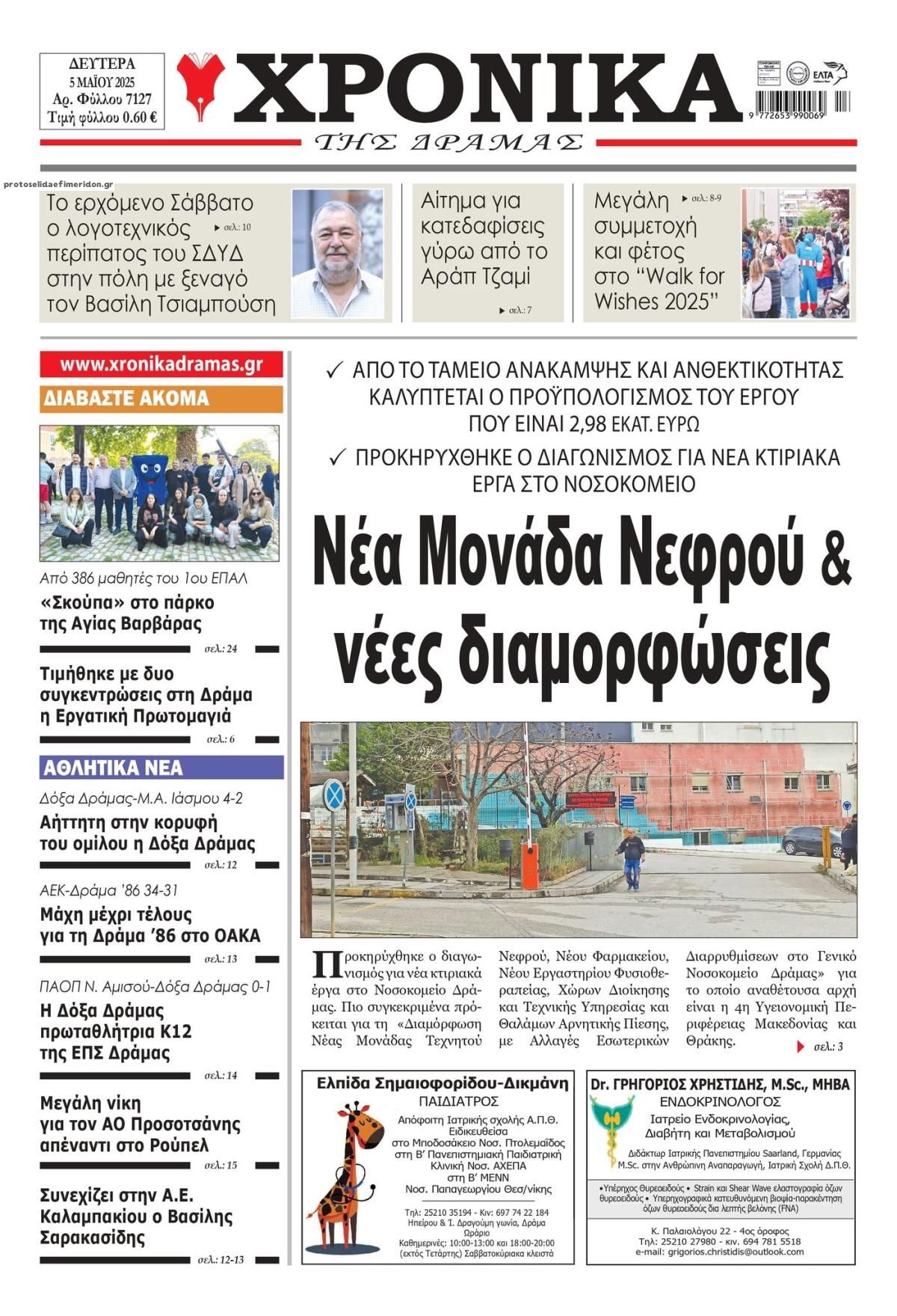 Πρωτοσέλιδο εφημερίδας Χρονικά Δράμας
