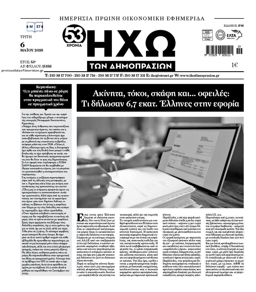 Πρωτοσέλιδο εφημερίδας Ηχώ