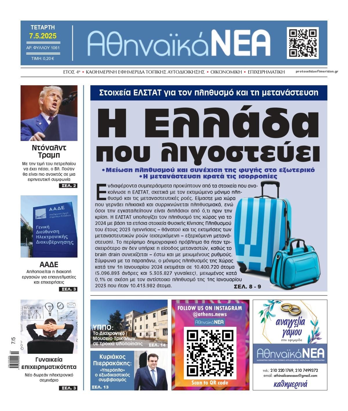 Πρωτοσέλιδο εφημερίδας Αθηναϊκά Νέα