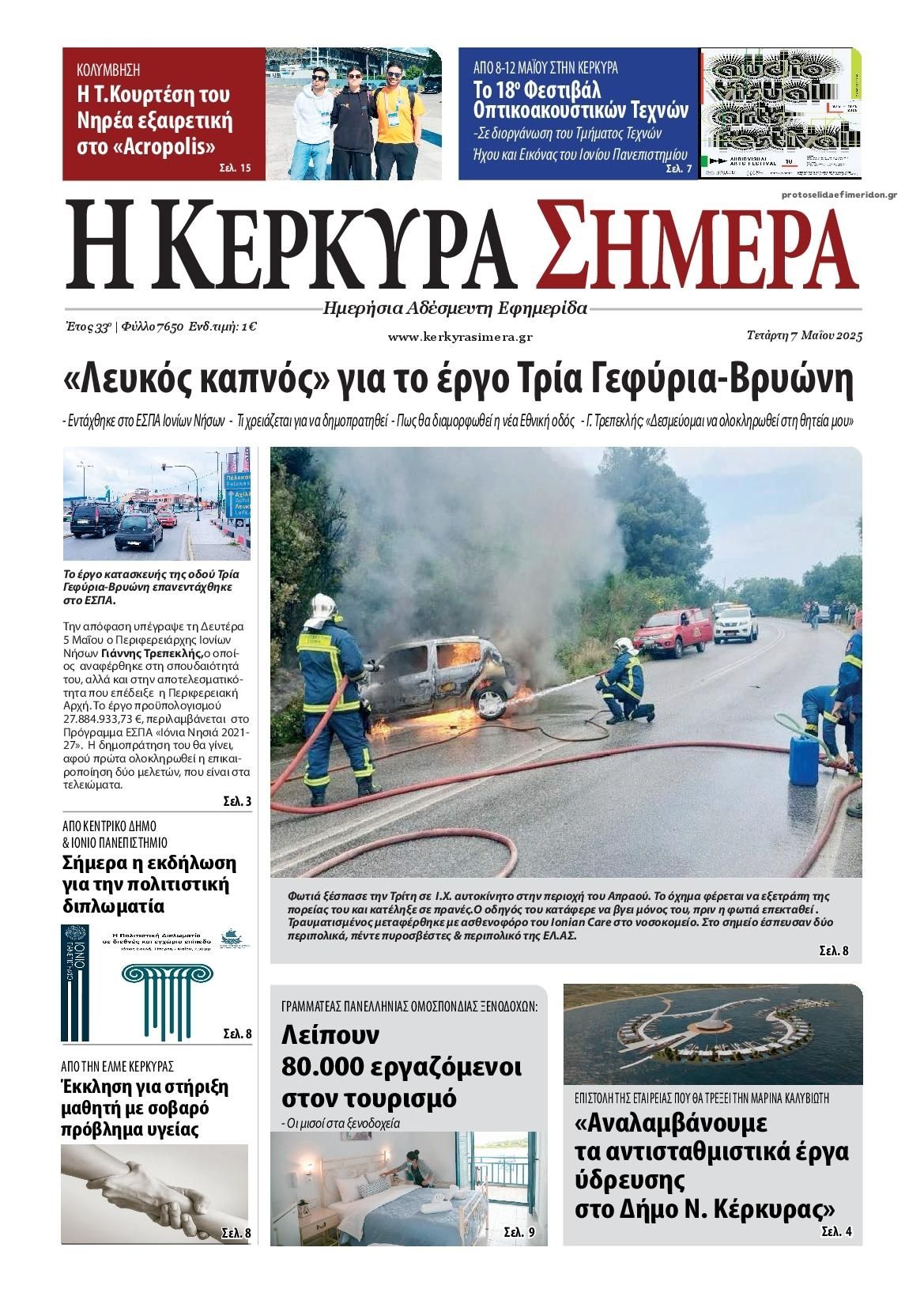 Πρωτοσέλιδο εφημερίδας Η Κέρκυρα Σήμερα