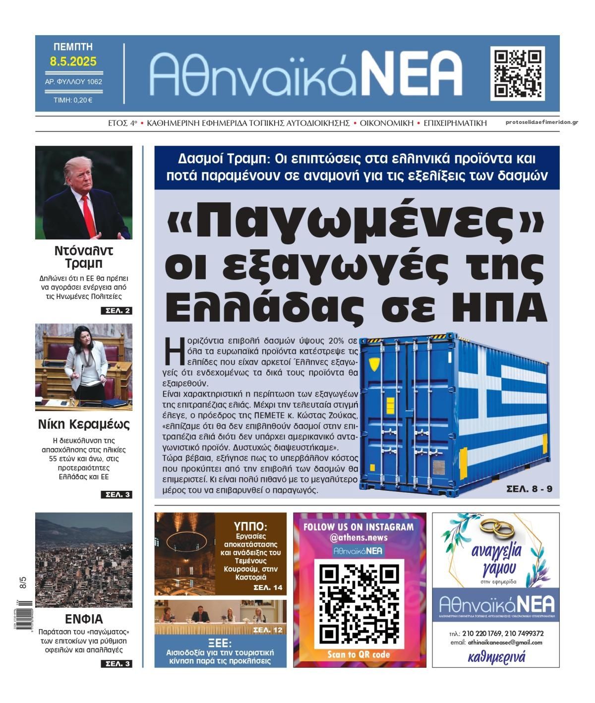 Πρωτοσέλιδο εφημερίδας Αθηναϊκά Νέα