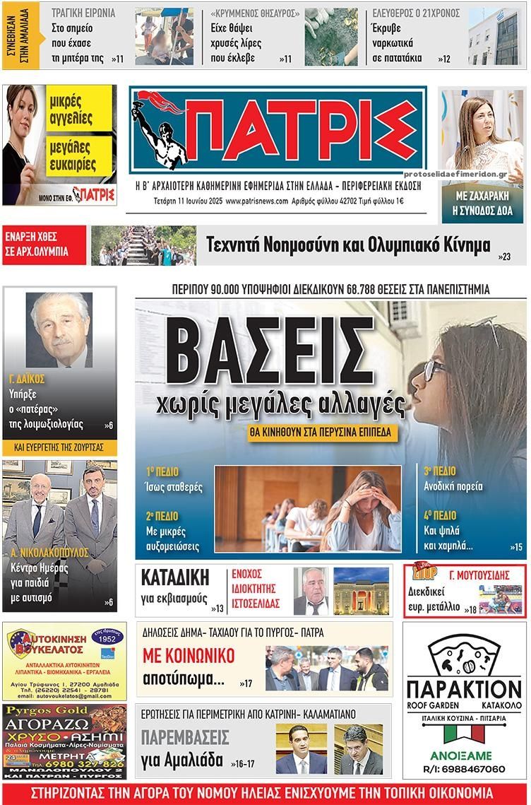 Πρωτοσέλιδο εφημερίδας Πατρις Ηλείας