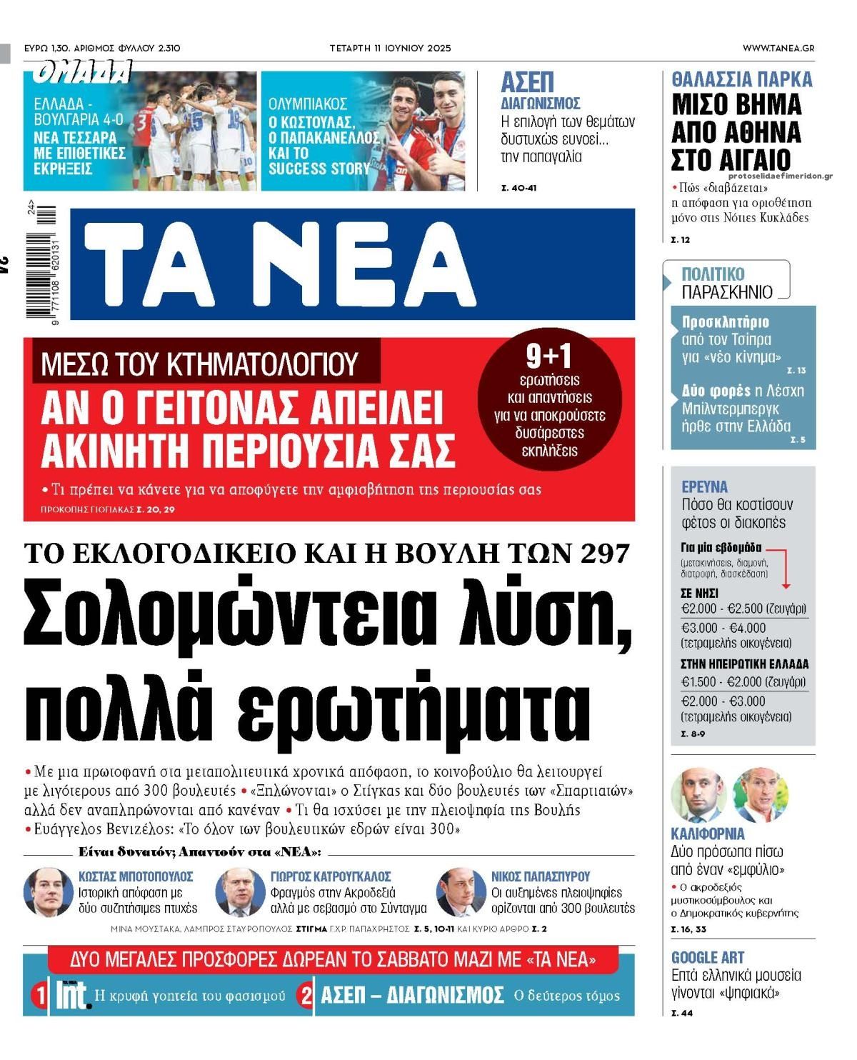 Πρωτοσέλιδο εφημερίδας Τα Νέα