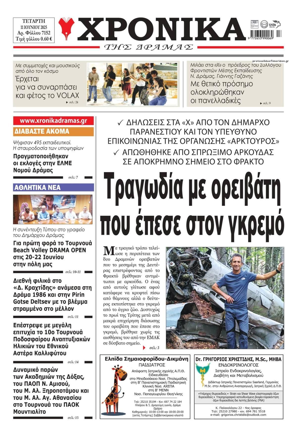 Πρωτοσέλιδο εφημερίδας Χρονικά Δράμας