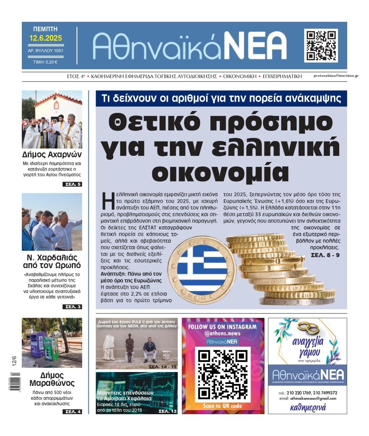 Πρωτοσέλιδο εφημερίδας Αθηναϊκά Νέα