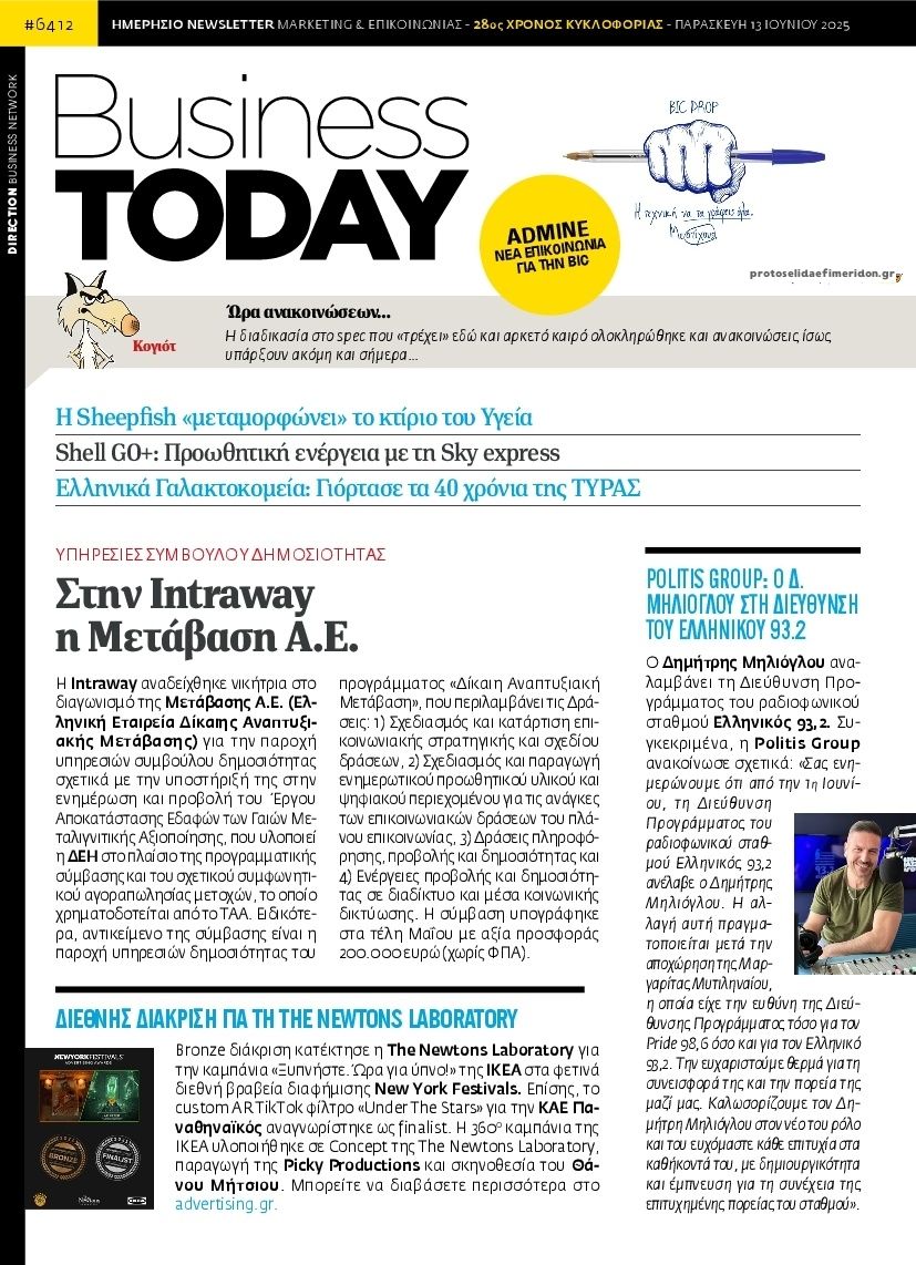 Πρωτοσέλιδο εφημερίδας Business Today