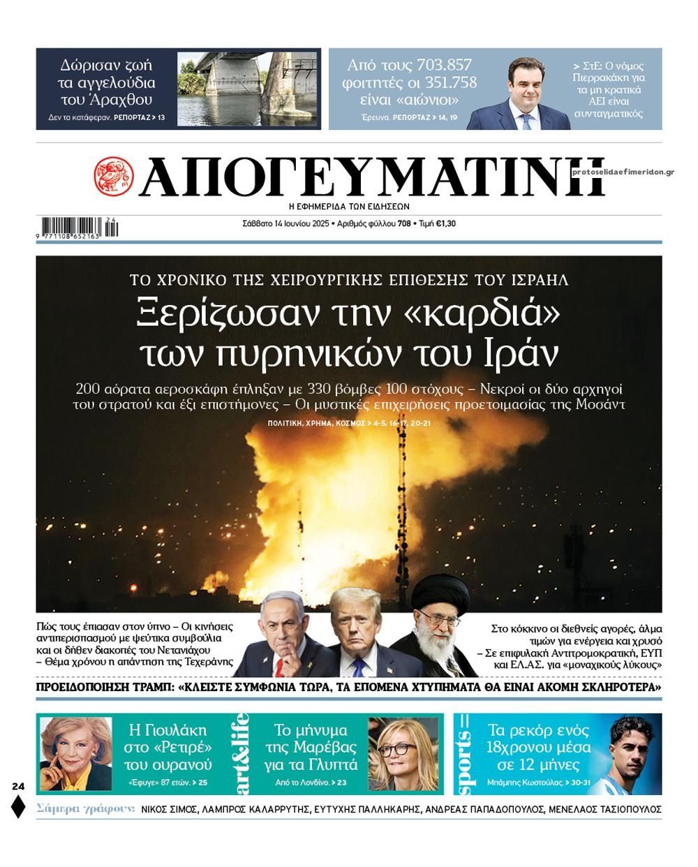 Πρωτοσέλιδο εφημερίδας Απογευματινή