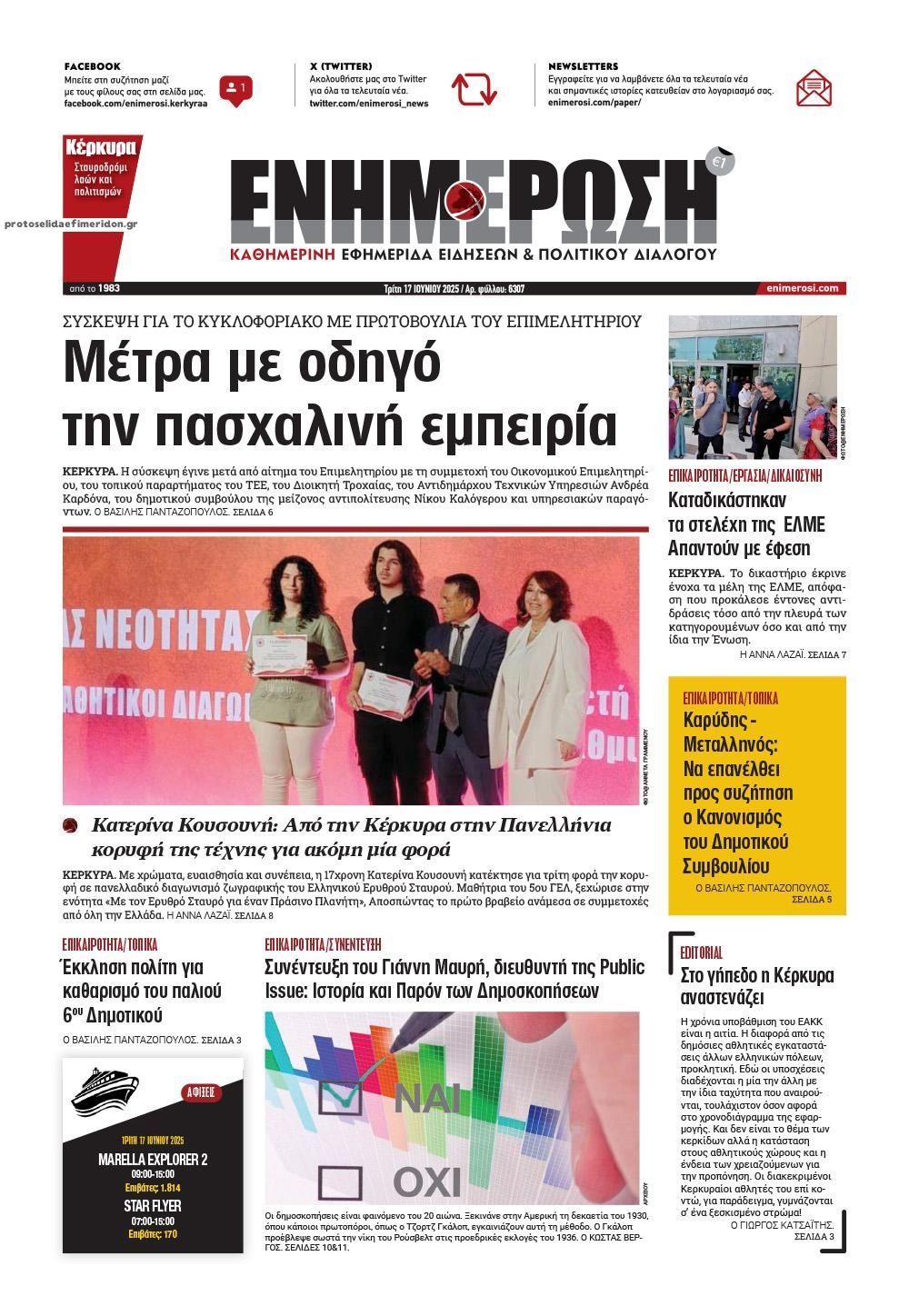 Πρωτοσέλιδο εφημερίδας Ενημέρωση Κέρκυρας