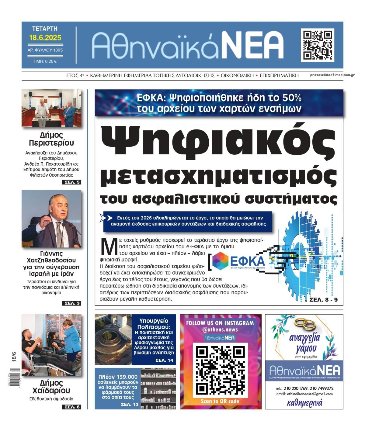 Πρωτοσέλιδο εφημερίδας Αθηναϊκά Νέα