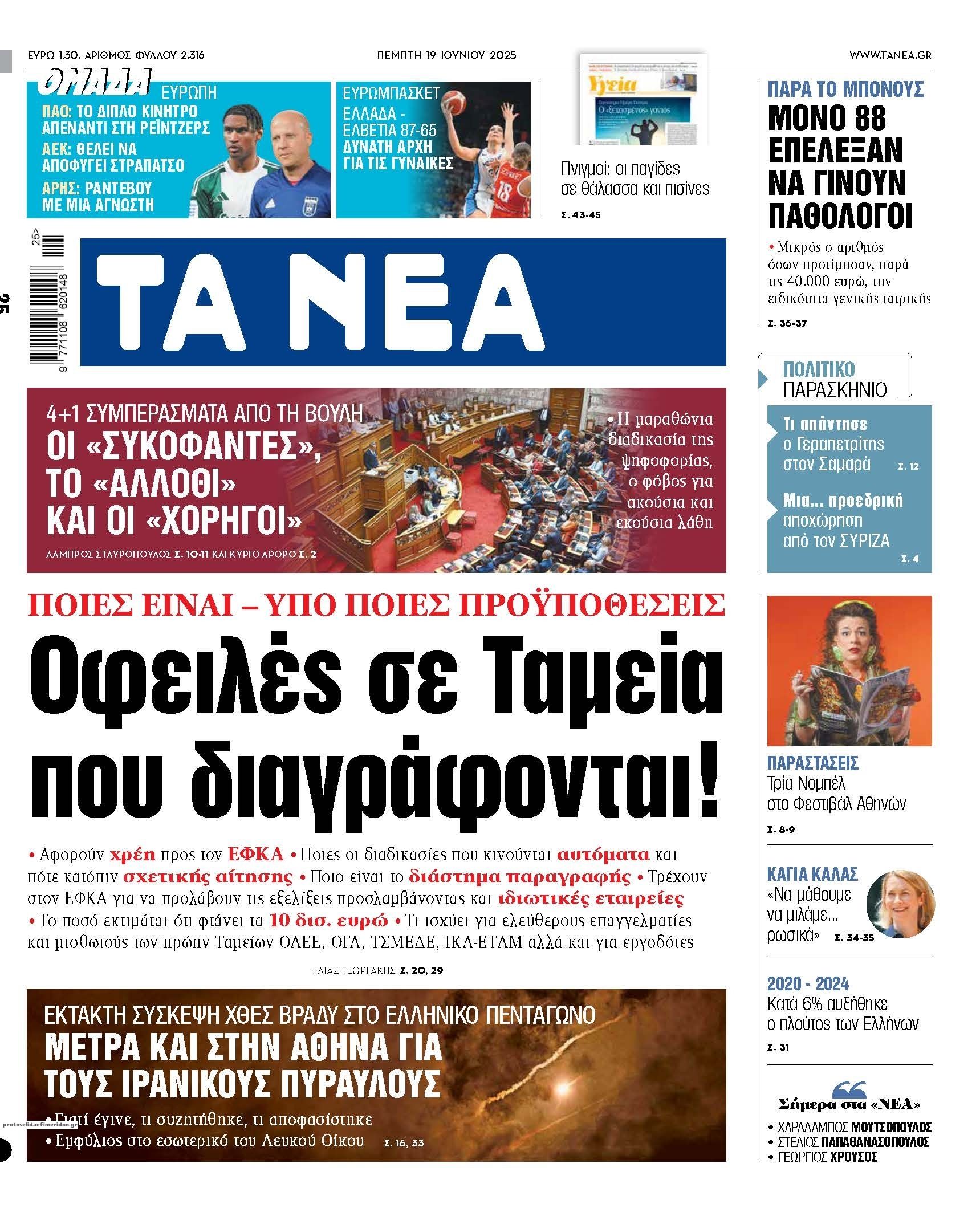 Πρωτοσέλιδο εφημερίδας Τα Νέα